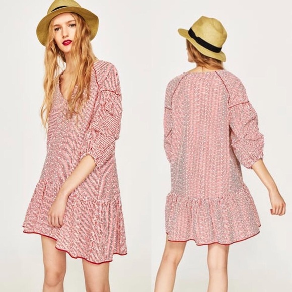 Zara Dresses Redwhite Striped Embroidered Casual Dress Poshmark